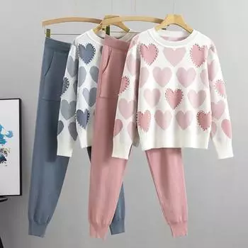 2 шт./комплект женский топ брюки комплект сердечный принт бисер декор круглый вырез длинный M синий