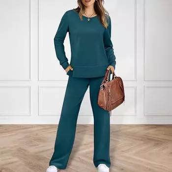 2 шт./комплект женский топ брюки комплект круглый вырез длинный рукав разрез низ толстовка L хаки