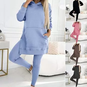 2 шт./комплект женский топ брюки комплект с капюшоном длинный рукав разрез низ толстовка эластичная M темно-серого