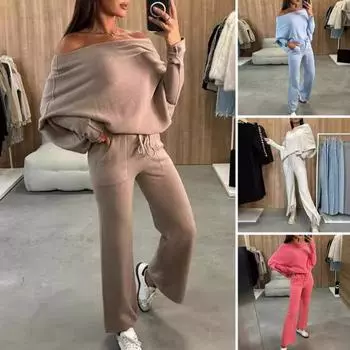2 шт./комплект женский топ брюки комплект с открытыми плечами длинный рукав летучая мышь толстовка эластичная XXL темно-коричневого