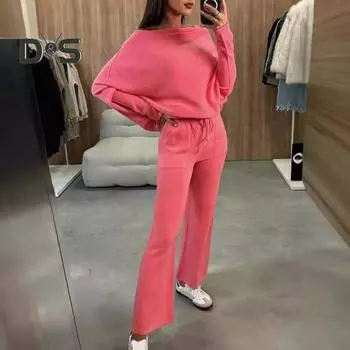 2 шт./комплект женский топ брюки комплект с открытыми плечами длинный рукав летучая мышь толстовка эластичный пояс расклешенные спортивные штаны спортивный наряд осенний повседневный спортивный костюм XXXL светло-серый