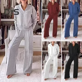 2 шт./комплект женский топ брюки комплект V-образный вырез длинные рукава свободная толстовка эластичный пояс широкие спортивные штаны спортивный наряд осенний повседневный спортивный костюм XL вино красного