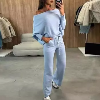 2 шт./комплект женский топ брюки комплект с открытыми плечами длинные рукава летучая мышь XXL небесно-голубой
