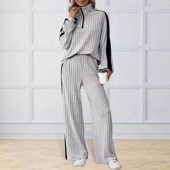 2 шт./комплект женский топ брюки комплект половина молния воротник стойка длинный XL серый