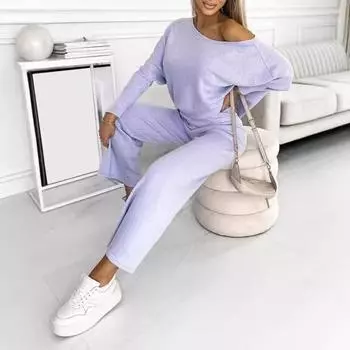 2 шт./комплект женский топ брюки комплект круглый вырез длинный рукав толстовка M розы красного