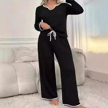 2 шт./комплект женский топ брюки комплект V-образный вырез длинный рукав толстовка S чёрный