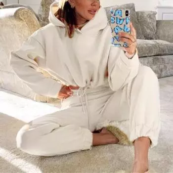 2 шт./комплект женский топ брюки комплект с капюшоном длинный рукав завязка низ толстовка эластичная S зелёный