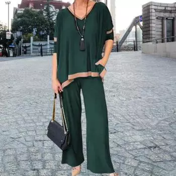 2 шт./комплект женский топ брюки комплект V-образный вырез рукава три четверти XXL чёрный