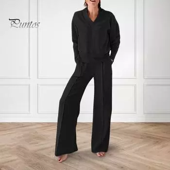 2 шт./комплект женский топ брюки комплект V-образный вырез длинные рукава свободная толстовка эластичный пояс широкие спортивные штаны спортивный наряд осенний повседневный спортивный костюм L белый