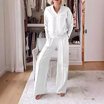 2 шт./комплект женский топ брюки комплект V-образный вырез длинные рукава свободная толстовка эластичная XXL вино красного