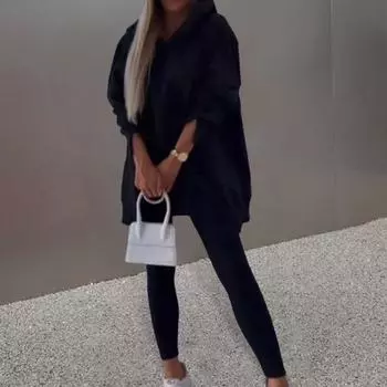 2 шт./комплект женский топ брюки комплект с капюшоном длинный рукав разрез низ толстовка эластичная S небесно-голубой