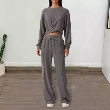 2 шт./комплект женский топ брюки комплект круглый вырез длинный рукав укороченный топ завязка S зелёный