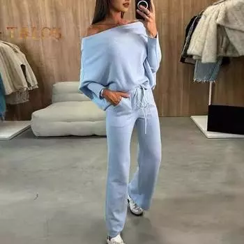 2 шт./комплект женский топ брюки комплект с открытыми плечами длинный рукав летучая мышь толстовка эластичный пояс расклешенные спортивные штаны спортивный наряд осенний повседневный спортивный костюм XXL темно-коричневого