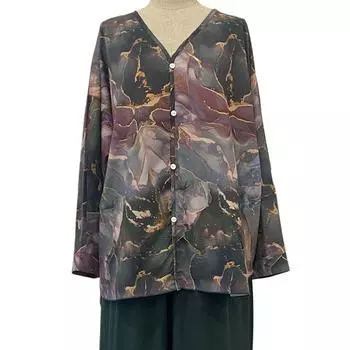 2 шт./комплект женский топ брюки комплект мраморный принт V-образный вырез длинные рукава однобортная блузка широкие брюки плиссированные свободные повседневные S