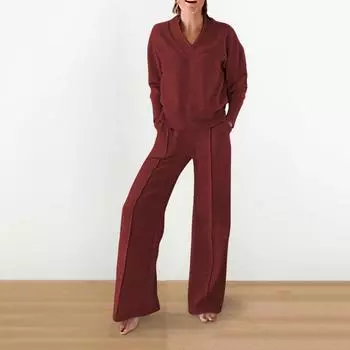 2 шт./комплект женский топ брюки комплект V-образный вырез длинные рукава свободная толстовка эластичный пояс широкие спортивные штаны спортивный наряд осень повседневный L вино красного