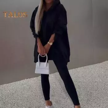 2 шт./комплект женский топ брюки комплект с капюшоном длинный рукав разрез низ толстовка эластичная талия облегающие брюки спортивный костюм для фитнеса S темно-синий