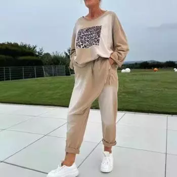 2 шт./комплект женский топ брюки комплект круглый вырез леопардовый принт длинные рукава разрез L коричневый