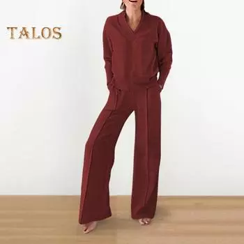 2 шт./комплект женский топ брюки комплект V-образный вырез длинные рукава свободная толстовка эластичный пояс широкие спортивные штаны спортивный наряд осенний повседневный спортивный костюм L вино красного