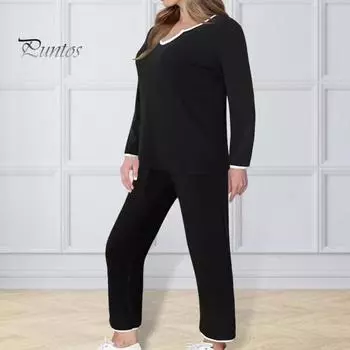 2 шт./комплект женский топ брюки комплект V-образный вырез длинный рукав толстовка эластичный пояс широкие спортивные штаны спортивный наряд осенний повседневный спортивный костюм S чёрный