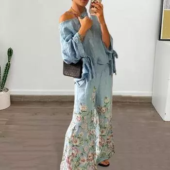 2 шт./комплект женский топ брюки комплект одно плечо косой вырез три четверти рукав шнуровка манжета блузка цветок M светло-серый