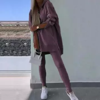 2 шт./комплект женский топ брюки комплект с капюшоном длинный рукав разрез низ толстовка эластичная талия облегающие брюки спортивный костюм для фитнеса S небесно-голубой