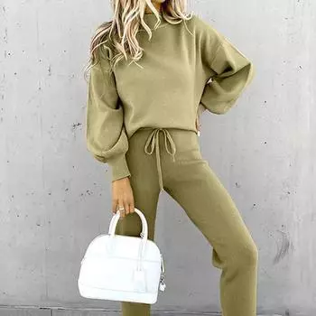 2 шт./комплект женский топ брюки комплект высокий воротник длинные рукава однотонный свитшот XL хаки