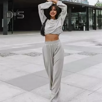 2 шт./комплект женский топ брюки комплект круглый вырез длинный рукав нерегулярный крестообразный подол толстовка чистый цвет эластичный высокая талия широкие брюки спорт фитнес XL синий