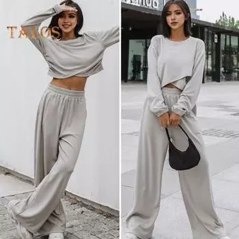 2 шт./комплект женский топ брюки комплект круглый вырез длинный рукав нерегулярный крестообразный подол толстовка чистый цвет эластичный высокая талия широкие брюки спорт фитнес XL серый