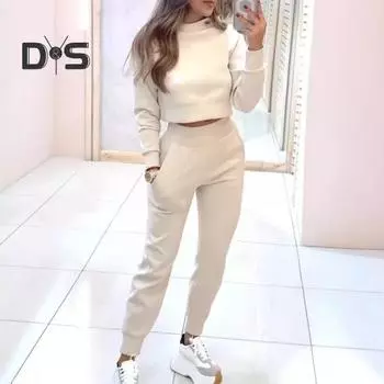 2 шт./комплект женский топ брюки комплект высокий воротник длинные рукава Slim Fit Толстовка эластичные спортивные штаны с высокой талией спортивный костюм осенний повседневный спортивный костюм M чёрный