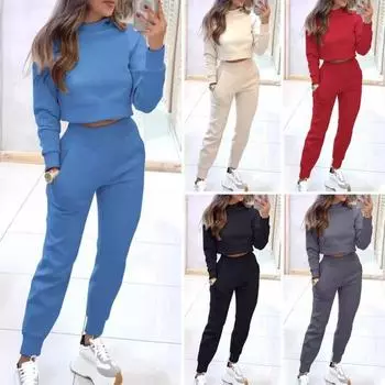 2 шт./комплект женский топ брюки комплект высокий воротник длинные рукава Slim Fit свитшот M чёрный