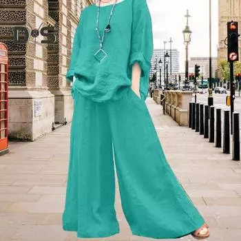 2 шт./комплект женский топ брюки комплект круглый вырез ретро блузка с длинными рукавами широкие брюки эластичный пояс повседневный досуг свободный наряд L чёрный