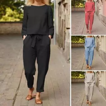 2 шт./комплект женский топ брюки комплект круглый вырез длинный рукав блузка винтажные эластичный пояс брюки повседневный досуг свободный наряд S кирпич красный