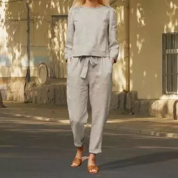 2 шт./комплект женский топ брюки комплект круглый вырез длинный рукав блузка винтаж эластичный S кирпич красный