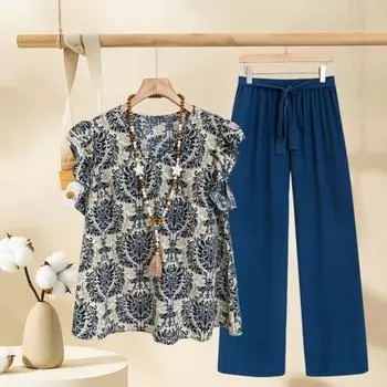 2 шт./комплект женский топ брюки комплект круглый вырез ретро принт короткий рукав блузка S чёрный