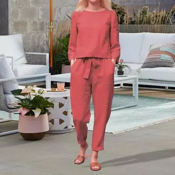 2 шт./комплект женский топ брюки комплект круглый вырез длинный рукав блузка винтажные эластичный пояс брюки повседневный досуг свободный наряд S кирпич красный