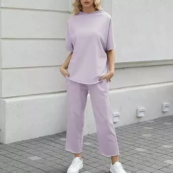 2 шт./комплект женский топ брюки комплект полу-высокий воротник средние рукава блузка широкие штанины L светло-фиолетовый