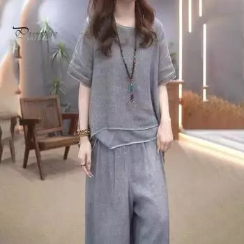 2 шт./комплект женский топ брюки комплект круглый вырез половина рукава неровный подол блузка широкие брюки эластичный пояс широкие брюки повседневный досуг свидание наряд M хаки