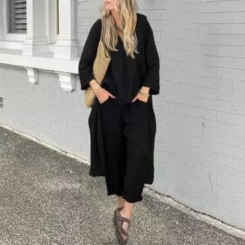 2 шт./комплект женский топ брюки комплект V-образный вырез длинные рукава нестандартная средняя длина M чёрный