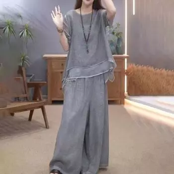 2 шт./комплект женский топ брюки комплект круглый вырез половина рукава неровный подол блузка M хаки