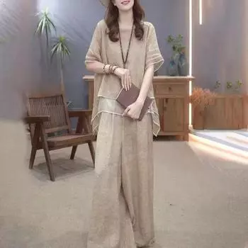 2 шт./комплект женский топ брюки комплект круглый вырез половина рукава неровный подол блузка широкие брюки эластичный пояс широкие брюки повседневный досуг свидание наряд L серый