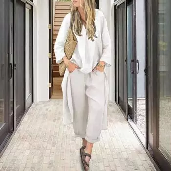 2 шт./комплект женский топ брюки комплект V-образный вырез длинные рукава нестандартная блузка средней длины винтажные брюки с эластичной резинкой на талии повседневный свободный наряд для отдыха L белый