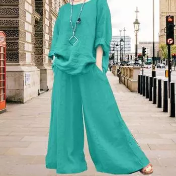 2 шт./комплект женский топ брюки комплект круглый вырез ретро блузка с длинными рукавами широкие брюки эластичный пояс повседневный досуг свободный наряд M хаки