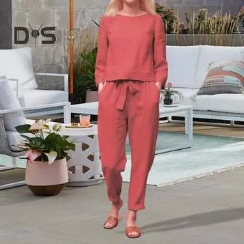 2 шт./комплект женский топ брюки комплект круглый вырез длинный рукав блузка винтажные эластичный пояс брюки повседневный досуг свободный наряд S бежевый