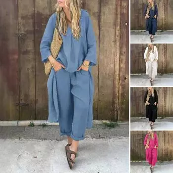 2 шт./комплект женский топ брюки комплект V-образный вырез длинные рукава нестандартная блузка средней длины винтажные брюки с эластичной резинкой на талии повседневный свободный наряд для отдыха M светло-синий