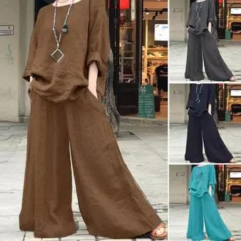 2 шт./комплект женский топ брюки комплект круглый вырез ретро блузка с длинными рукавами широкие брюки эластичный пояс повседневный досуг свободный наряд L зелёный