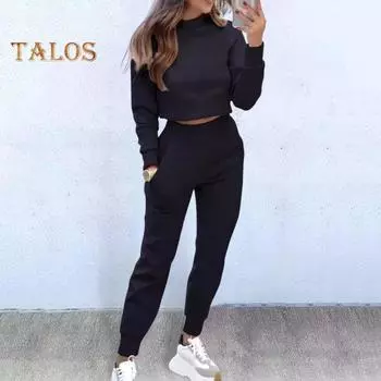 2 шт./комплект женский топ брюки комплект высокий воротник длинные рукава Slim Fit Толстовка эластичные спортивные штаны с высокой талией спортивный костюм осенний повседневный спортивный костюм M чёрный