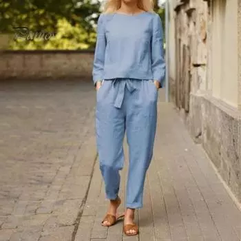 2 шт./комплект женский топ брюки комплект круглый вырез длинный рукав блузка винтажные эластичный пояс брюки повседневный досуг свободный наряд S кирпич красный