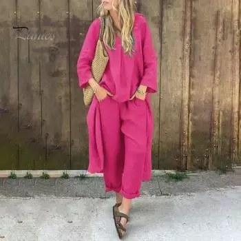 2 шт./комплект женский топ брюки комплект V-образный вырез длинные рукава нестандартная блузка средней длины винтажные брюки с эластичной резинкой на талии повседневный свободный наряд для отдыха M светло-синий