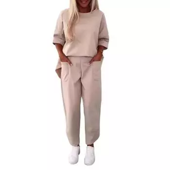 2 шт./комплект женский топ брюки костюм круглый вырез длинный рукав однотонный средней длины свитшот эластичный пояс брюки повседневная одежда спортивный костюм M абрикосовый