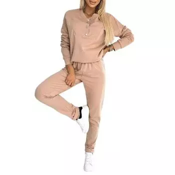 2 шт./комплект женский топ брюки костюм декор пуговицы V-образный вырез длинные рукава однотонный свитшот эластичный пояс брюки повседневная одежда спортивный костюм XL хаки